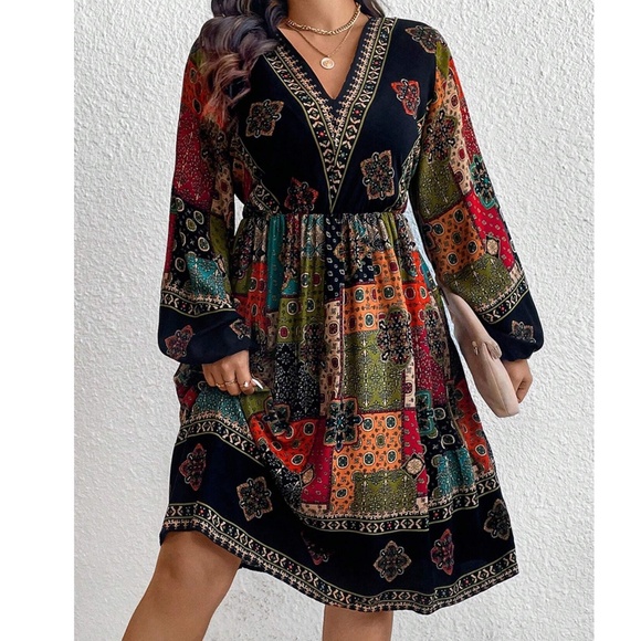 Plus Boho Multicolor Print V neck long sleeve Dress - Picture 1 of 5